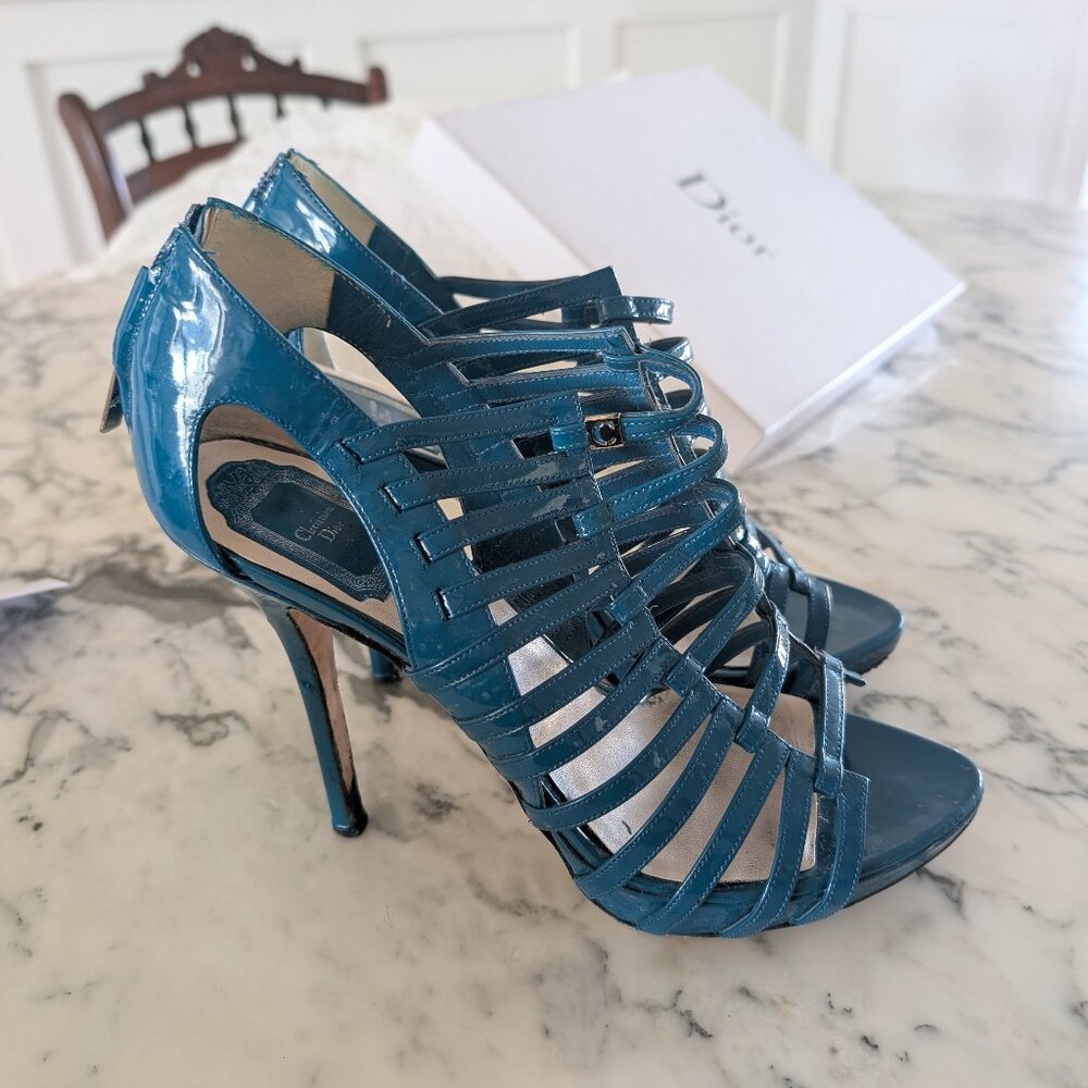 Women's Dior Stripes Sandal Bleu Canard Blue Strappy High Heel Sz 39 9